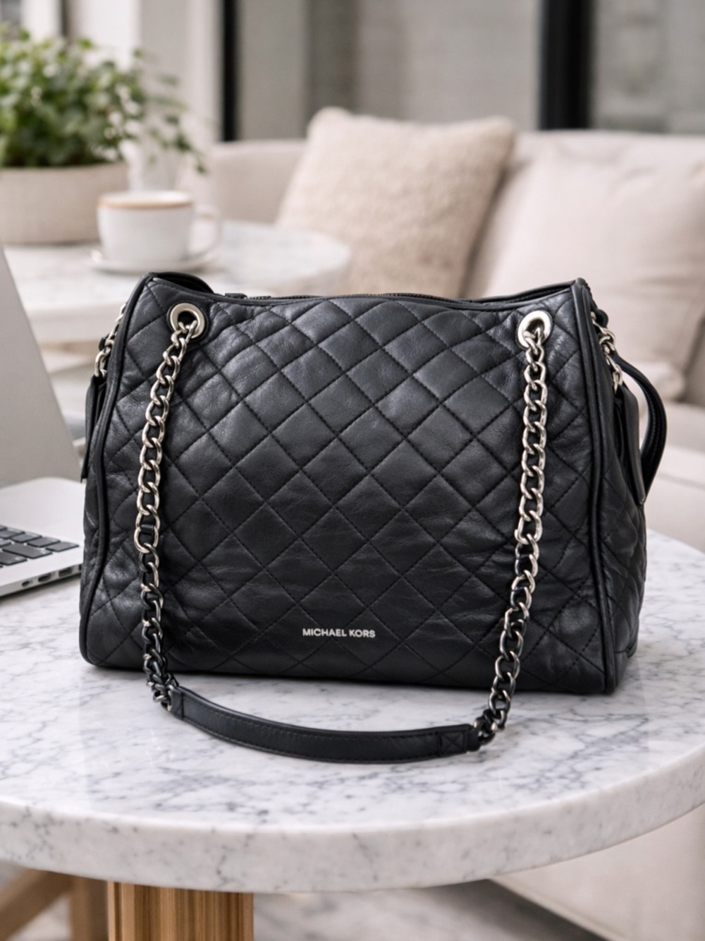 Michael Kors Black Quilted Leather Shoulder Bag with silver chain strap tote